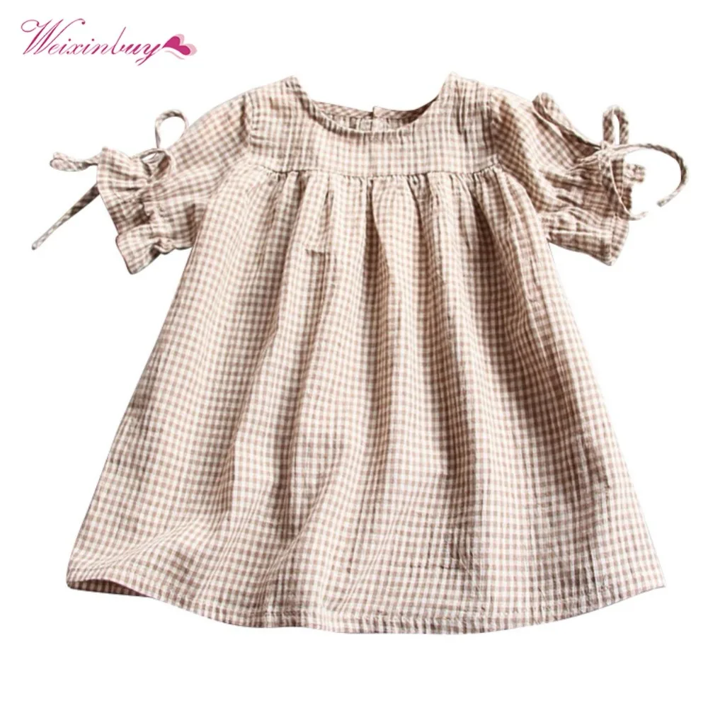 

Casual Girls Dress Children Girl Short Sleeve Bow Girls Dresses Plaid Print Vestidos 1-6Y