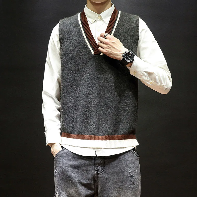 

Men's vest spring and autumn 2019 new college wind knit pullover couple thin vest large size hit color wool vest youth men's clo