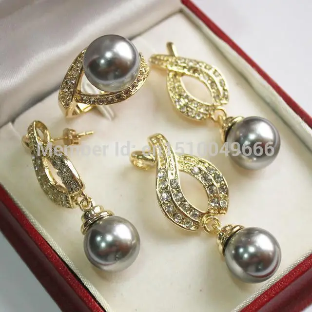 

Hot sale FREE SHIP>>>1Set AAA 12mm Gray Shell Pearl Pendant Necklace Earrings Ring Set 04