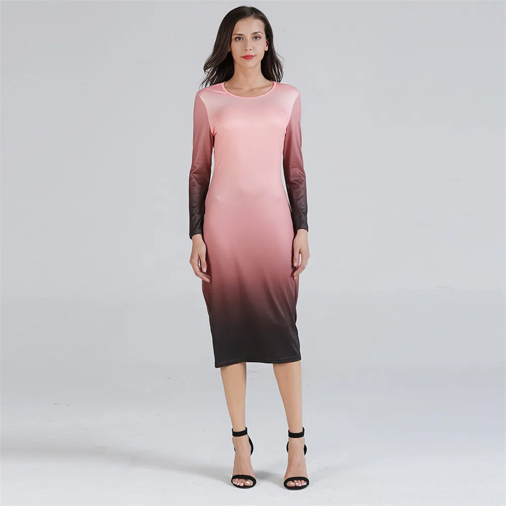 Women Basic Dress 2018 Gradient Ramp O Neck Long Sleeve Slim Dresses Bodycon Midi Office Working Dress Elegant All Match (18)