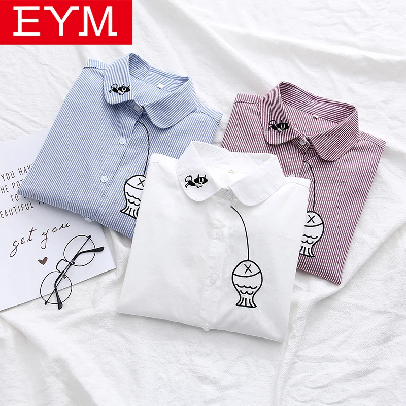 

2019 Autumn New Blouses Sweet College Style Long Sleeve Striped Shirt Women Embroidery Kitten Fishing Female Student Shirt Tops