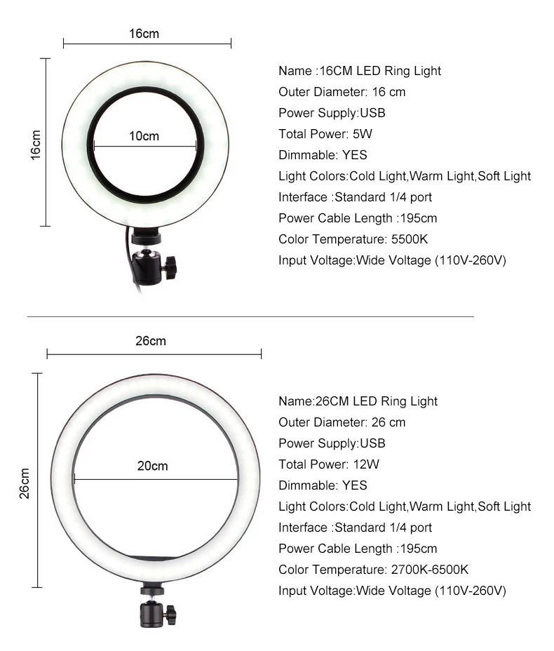 Светодиодный кольцевой светильник 6 ''16 см для фотосъемки с регулируемой яркостью с usb-разъемом и штативом для Youtube Vlog Makeup Live