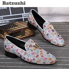 Batzuzhi стиль ручной работы Мужские кожаные туфли Блёстки круглый носок Мути/серебристо-серый Повседневная кожаная обувь Для мужчин вечерние/свадебные Лоферы для женщин