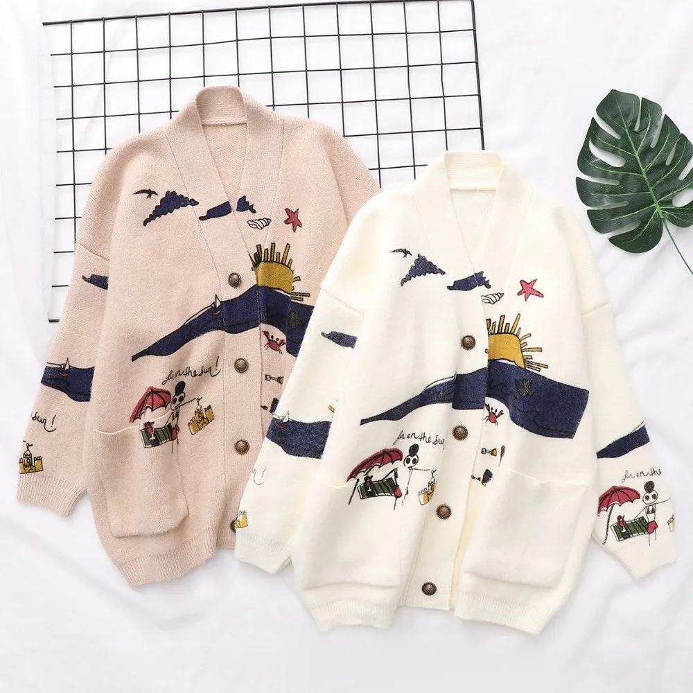 New Cartoon Knit Sweaters Women Cardigans Harajuku Embroidery Sweater Single Breasted V-neck Casual Loose outerwear Long Sweater