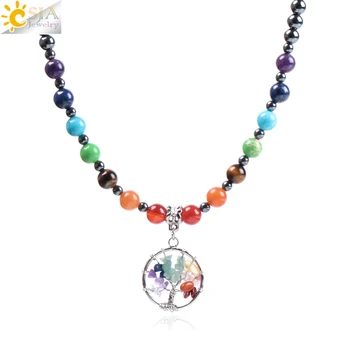 

CSJA 2018 Natural Gem Stone Black Hematite 7 Chakra Tree of Life Men Necklaces Pendants Reiki Healing Bohemian Boho Jewelry F001