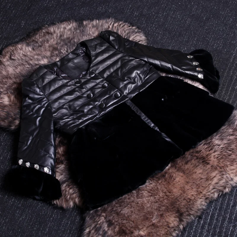 Одежда из натуральной кожи 2013, зимний пуховик из овечьей кожи и меха кролика Рекс, женский пуховик из натуральной кожи - Цвет: black