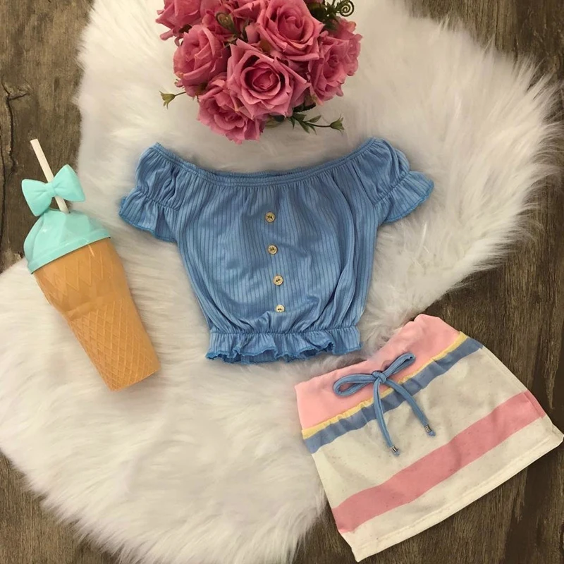 

Rorychen Child Kids Baby Girls Outfit Summer Clothes Cute Green Button T-shirt Tops Striped Skirts Dress 2Pcs Lovely Set