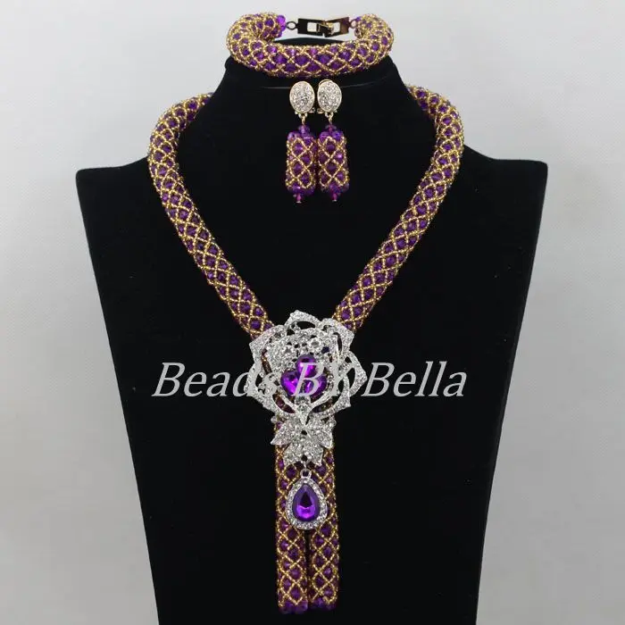 

Charming Single Row Purple Crystal Beads Necklace Nigerian Wedding African Beads Jewelry Set New Brooch Free Shipping ABF527