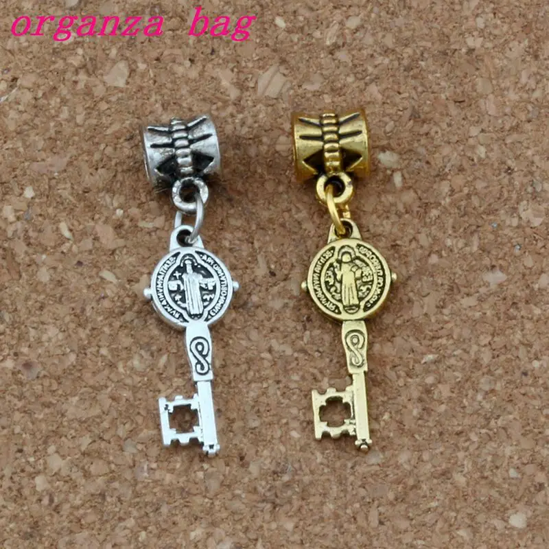 

100pcs Dangle Saint Benedict Medal Cross Key Religious Charm Big Hole Bead Fit European Charm Bracelet Jewelry 9.5x35.2mm 2c