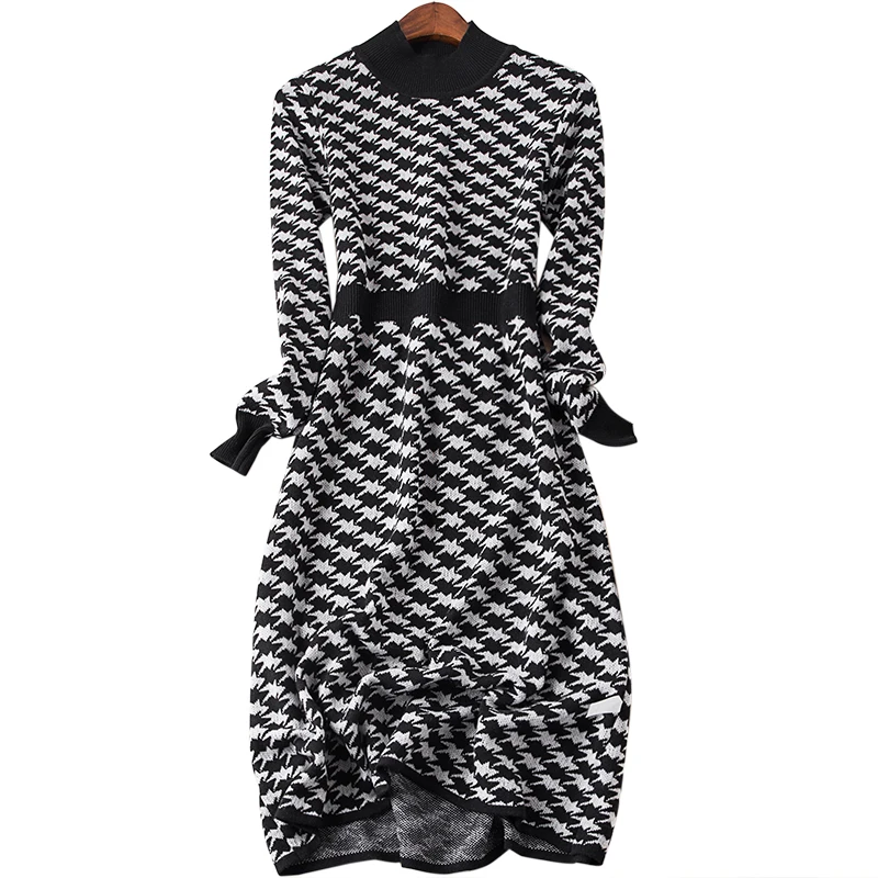 

2018 New High-ended Dress Waist Long Render Knitted Dress Round Collar Long Sleeve Dress Temperament Long Dress