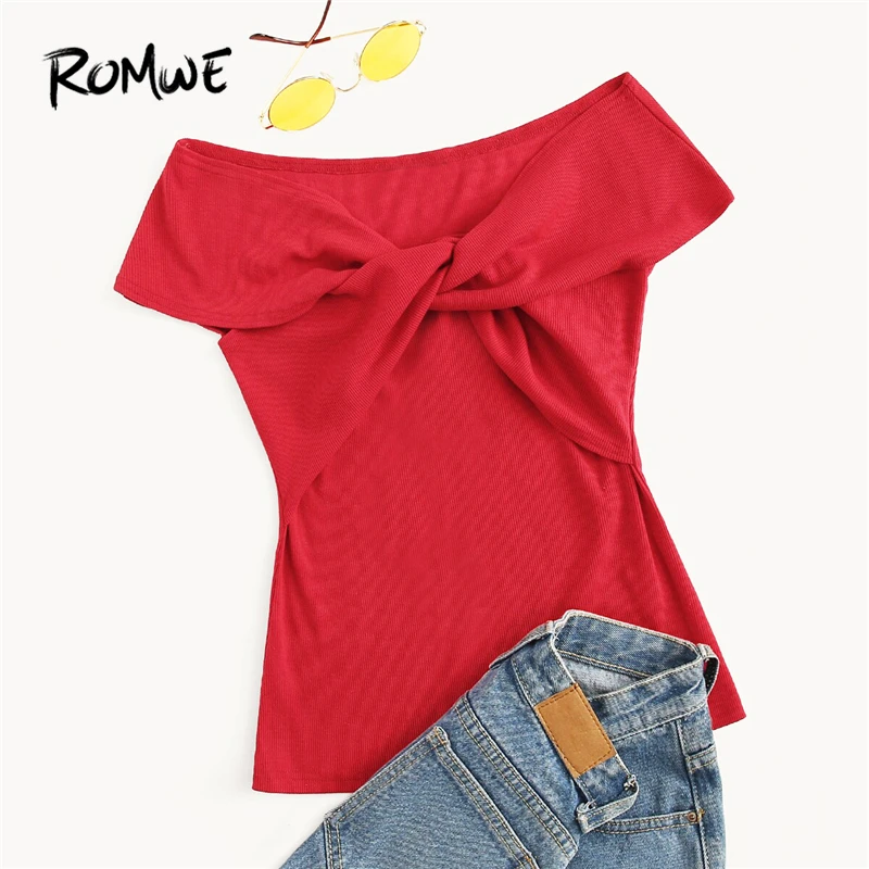ROMWE красный ярких цветов твист со спущенными плечами и ластичного футболка Для женщин Лето V образным вырезом Кепки рукав вязаная в рубчик Толстовка элегантные приталенные футболки, топы