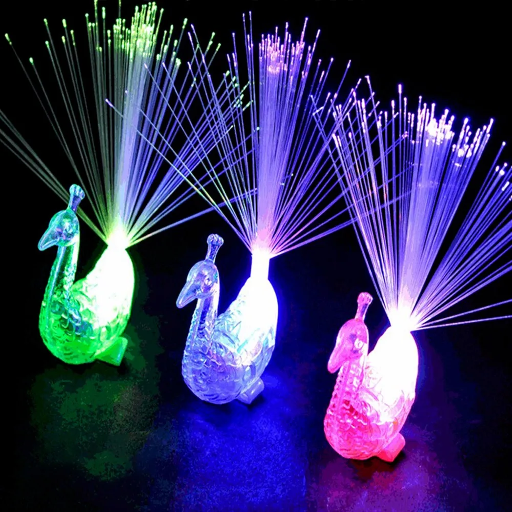 

Plastic Peacock Opening Tail Children LED Ring Color Changing Fiber Optic Fountain Halloween Christmas Party Decor 12cmx4.72in