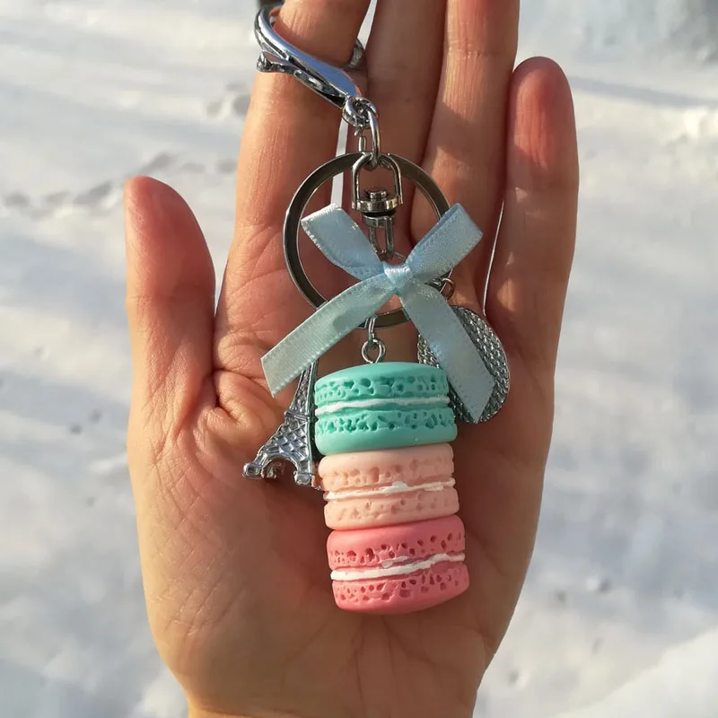 Porte-clés gâteau avec tour Eiffel pour femme, porte-clés de voiture, accessoires de charme de sac, macarons de gâteau français, cadeau de bijoux, nouvelle mode