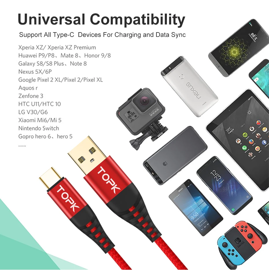 Кабель TOPK usb type-C 3 м 0,5 м 1 м 2 м Быстрая зарядка 3,0 для samsung S9 S8 Быстрая зарядка type-C зарядка для мобильного телефона Xiaomi USB C