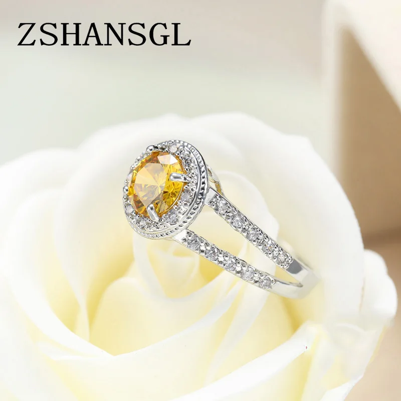 Luxury Princess Cut Yellow CZ Crystal Ring with Micro Paved Clear Zircon 3 Layers High Polished Women Wedding Rings Size 6-10