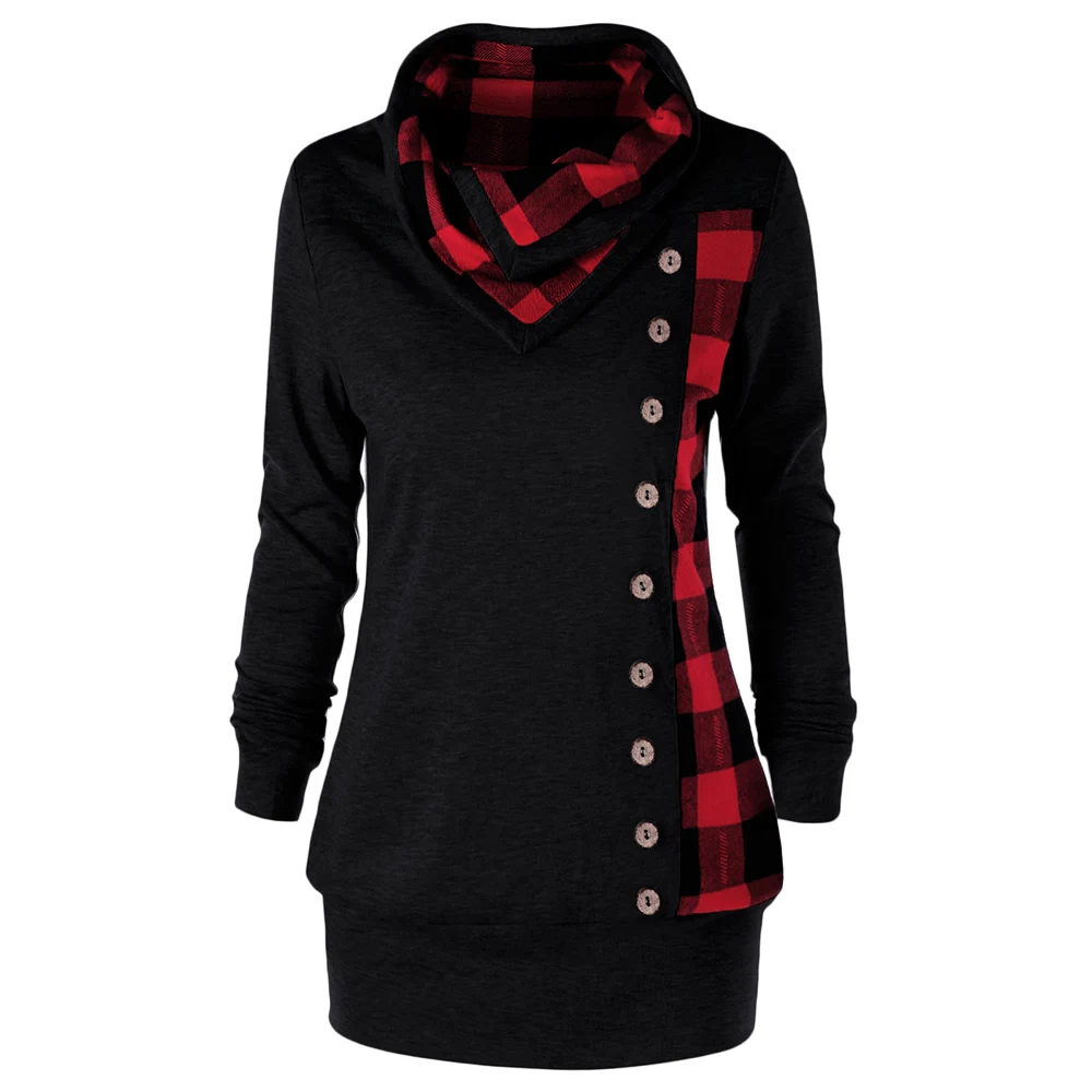 

Lortalen Women Single Breasted Sweatshirts Plus Size Plaid Cowl Neck Hoodies Spring Button Embellished Women Sudaderas Outwear