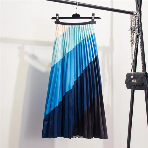 Новинка-наступающую осень радуга обесцвечиваясь и не шелковым верхом в стиле ретро Для женщин юбки Хай-стрит A-Line многоцветный юбки - Цвет: Blue-mix