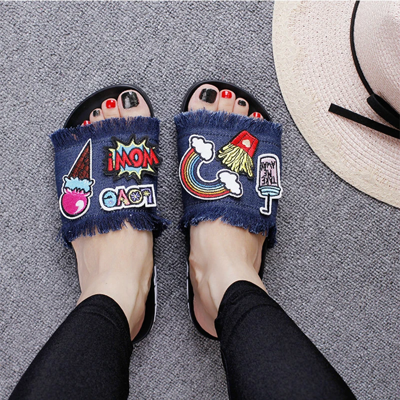 

HQFZO Woman Slides Embroidery Jean Shoes Slippers Flat Denim Shoes Casual Summer Comfortable Woman Flats Beach Shoes Flip Flops