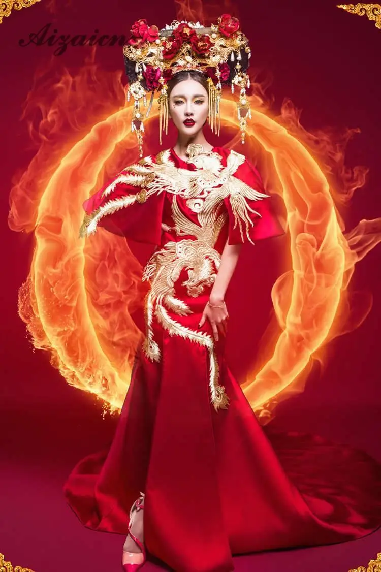 Красный в китайском стиле с вышивкой Свадебные платья для женщин пикантные Разделение в китайском стиле вечернее платье феникс Qipao длинное летнее Для женщин Винтаж вечерние платья - Цвет: red