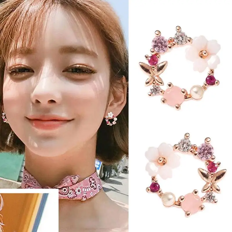 

Elegant Korean Rhinestone Flower small Round Circle Clip Earrings Charm Pearl Wedding Party Jewelry Pendientes For Women Girls