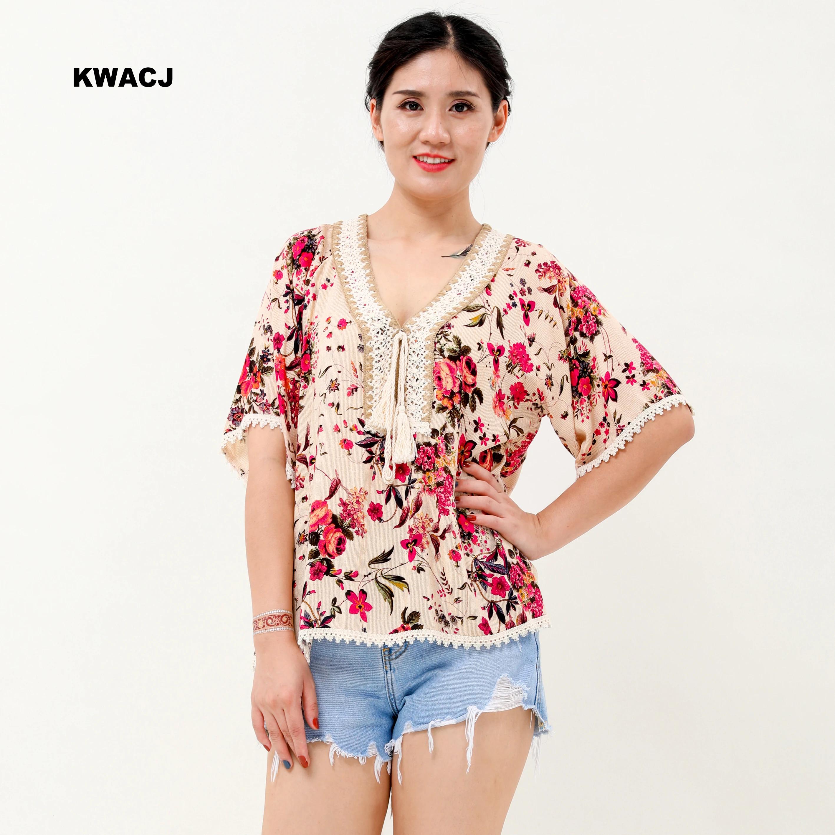

KWACJ 2019 summer Women shirts tribal original special craft decorative pink floral vacation half sleeve tops boho blouseA2232