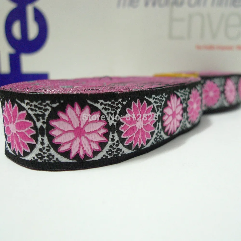 

10 Meters 1'' 25mm Pink Daisy Flower Adjustable Headbands Woven Jacquard Ribbon