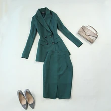 Большой размеры для женщин осень г. темно зеленый тонкий двубортный длинный костюм юбка карандаш tailleur donna Блейзер и юбка