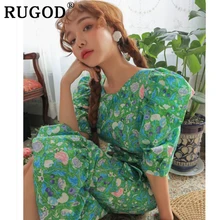 RUGOD корейское шикарное женское платье с цветочным принтом, элегантное платье с оборками и пышными рукавами, длинные платья vestidos, летние пляжные женские платья