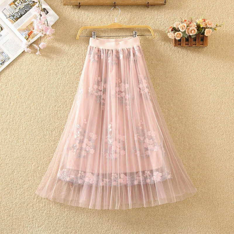 Юбки с вышивкой для женщин Лето г. A-Line сетки плиссированные офисные женские туфли элегантные юбки модные женские низ