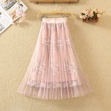 Юбки с вышивкой для женщин Лето г. A-Line сетки плиссированные офисные женские туфли элегантные юбки модные женские низ