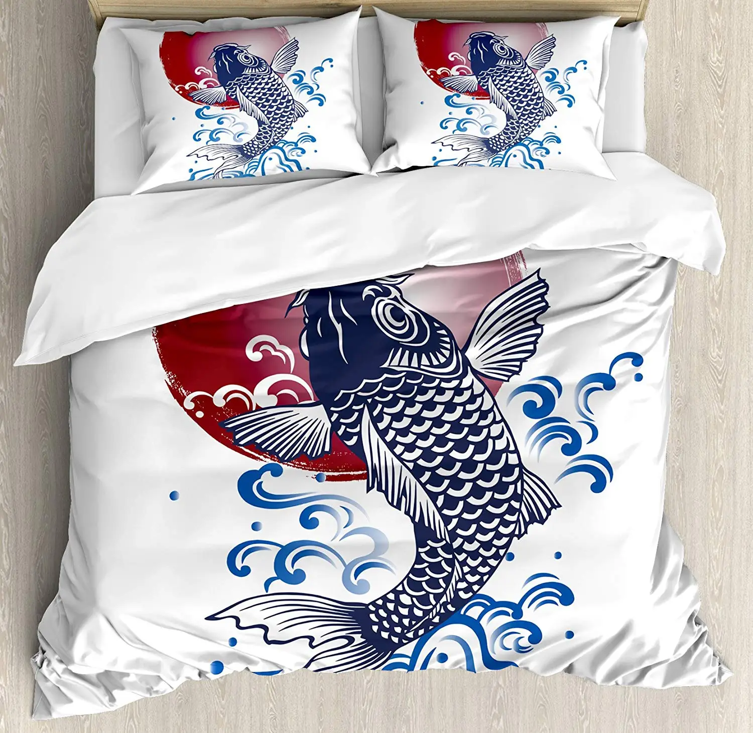 

Ocean Animal Decor Duvet Cover Set Ornate Japanese Brocaded Carp Fin Red Circular Form Eastern Fresh Graphic 4 Piece Bedding Set