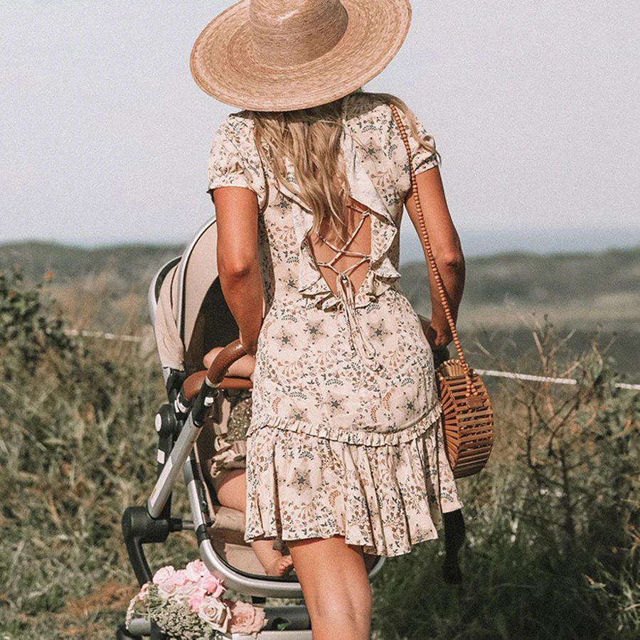 TEELYNN Blue Boho dress rayon Floral print Sexy back hollow dresses Hippie short summer Dresses chic mini beach women Dress 2018