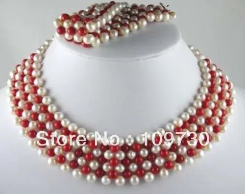 

Jewelry 00247 set Hand-knit white Pearl Red Coral Necklace Bracelet new