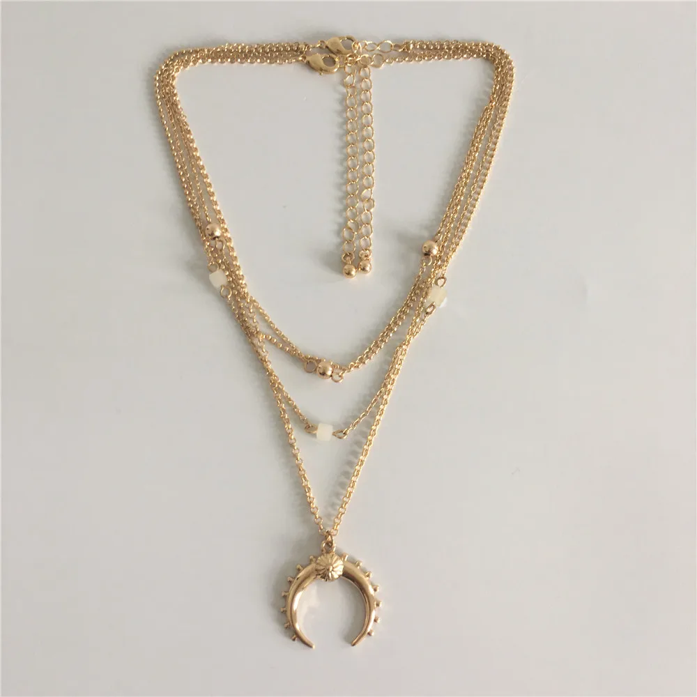 

LOVELY NECKLACE GOLD COLOR PLATING HORN PENDANT LAYERED NECKLACE FOR WOMEN GIRL