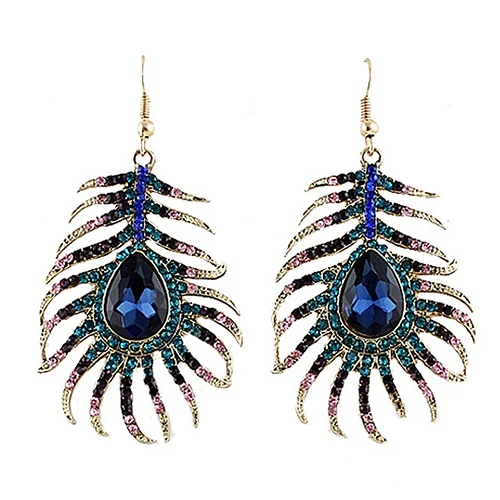 

1Pair Women Retro Rhinestone Peacock Feather Shape Statement Dangle Earrings