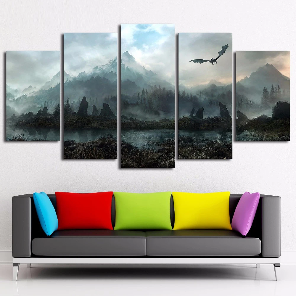 Günstig 5 stück HD Wand Kunst Bild Game of Thrones Drachen Skyrim Ölgemälde Wandbild auf Leinwand für Wohnzimmer Dekor