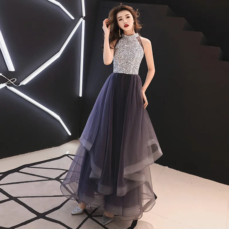 

Beauty Emily Prom Gowns Purple Sequins Bling Halter Neck A-line Floor Length Custom Color Plus size Long Party Prom Dresses
