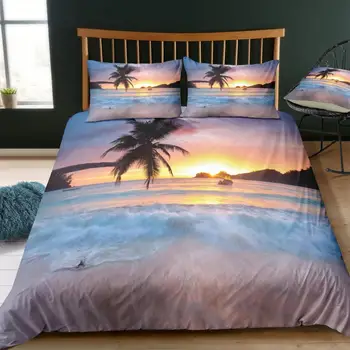 

3D Scenic Sea Beach Sunset Palm Trees Bedding Twin Full Queen King Size Cheap Duvet Cover with Pillowcase