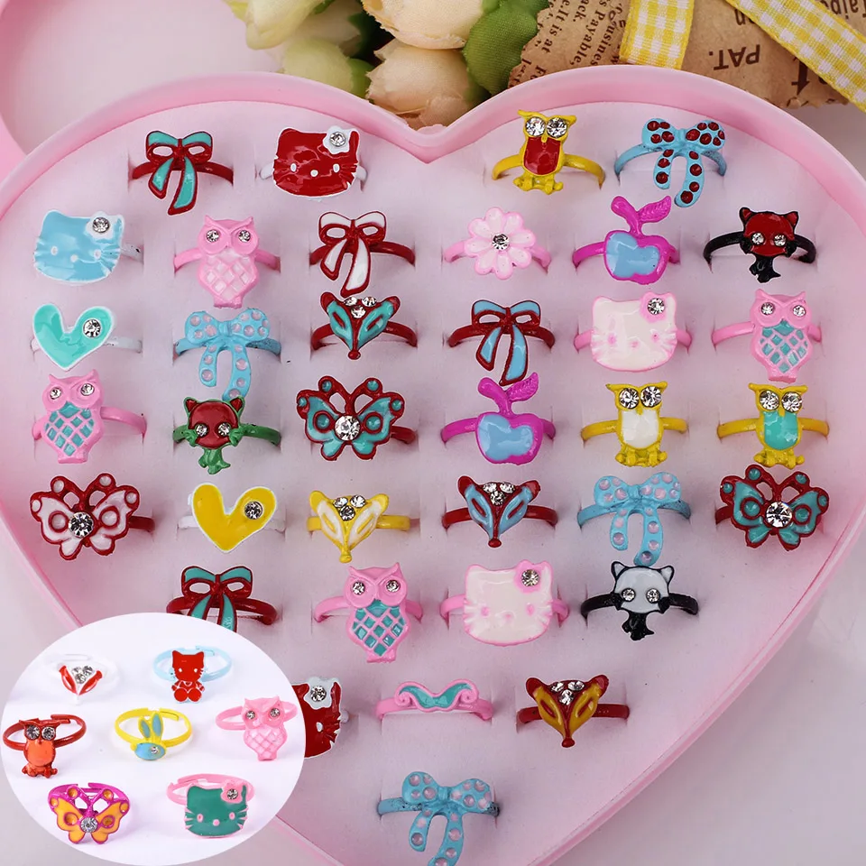 Wholesale Mixed Assorted Cartoon Crystal Adjustable Rings Baby Kids Girls Boy Mix Styles Party Gift Jewelry With Display Box