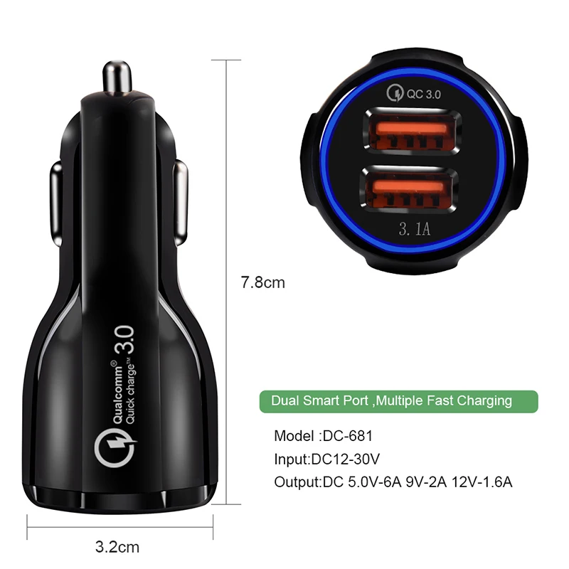 Автомобильное зарядное устройство VicTsing Quick Charge 3 0 30 Вт с двумя usb портами 3.1A