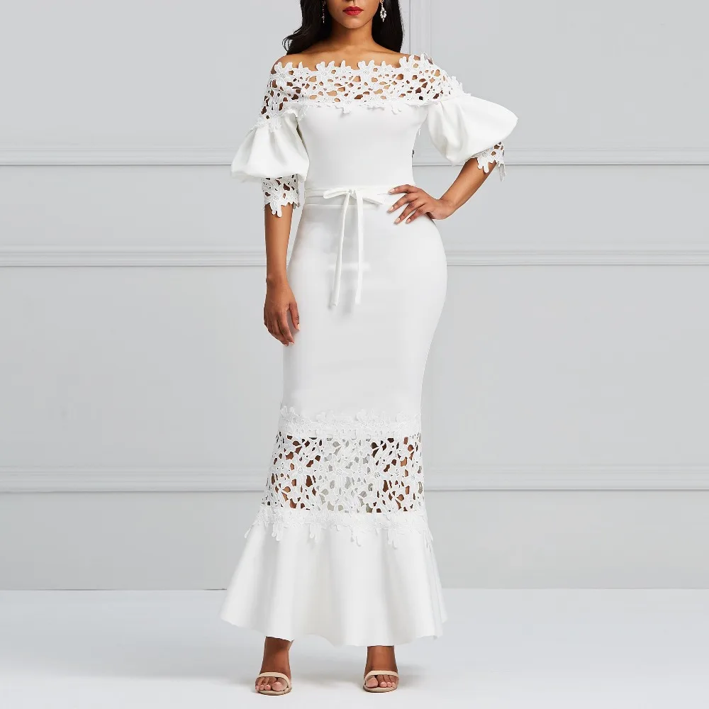 

Kinikiss dress long summer 2018 white off shoulder pencil dress hollow lace up elegant lantern sleeve sexy party vintage dress