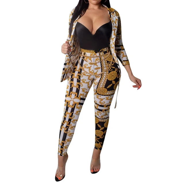 Gold Chain Printed Two Piece Set Women Tracksuits Autumn Spring Long