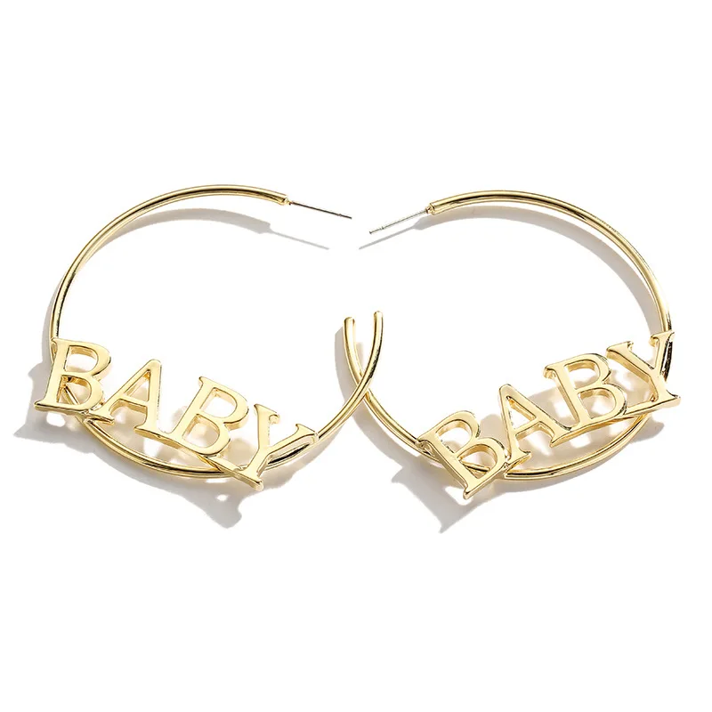 

Statement Girl BABY Letter Big Hoop Earrings For Women Lady Simple Gold Color Punk Large Circle Earrings Fashion Jewelry