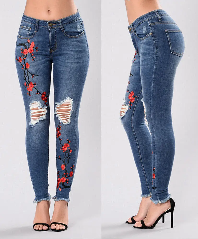 

New Fashion Women's Denim Skinny Ripped Embroidery Pants High Waist Stretch Hole Jeans Slim Pencil Trousers