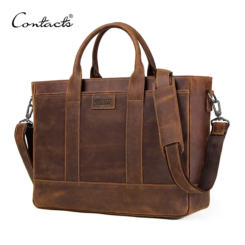 

CONTACT'S crazy horse genuine leather men's handbag for 15.6 inch laptop vintage tote briefcase male shoulder bag man travel bag