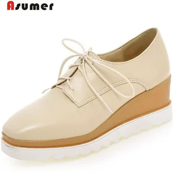 

Asumer Big size 34-43 new fashion women's platform wedges pumps lace up square toe wedges heels dress shoes woman