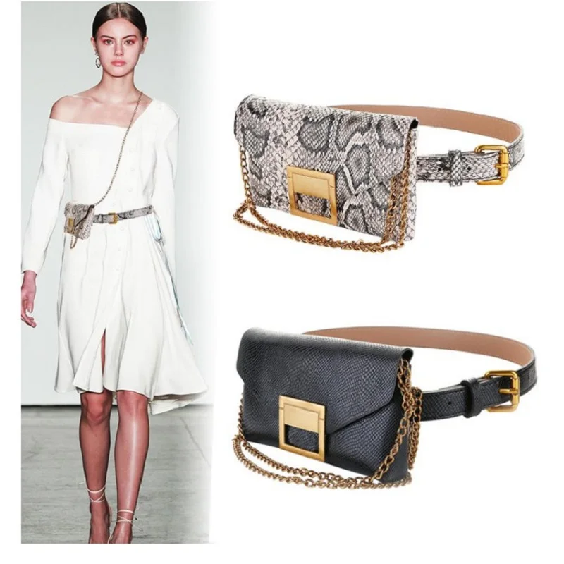 

Fashion Mini Waist Bag Women Snakeskin Grain Small Bag Metal Buckle Fanny Pack Chain Dual-use Waist Pack for Women Purse Bag