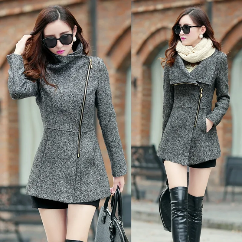 

Women Winter Wool Coats 2019 Slim Fit Zipper Overcoat Fashion Office Lady Blends Womans Coat Jacket Plus Size