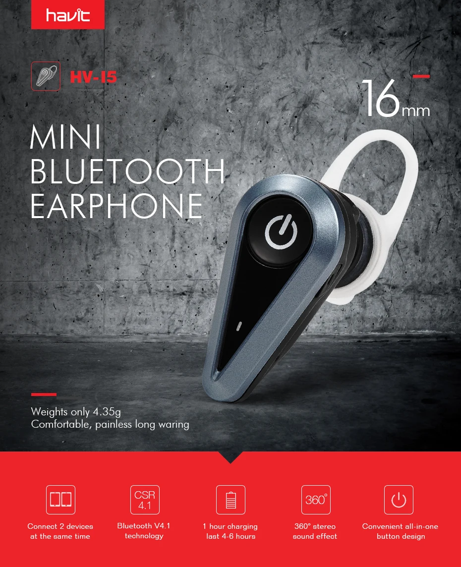 Havit мини наушники Bluetooth наушники 16 мм Беспроводная гарнитура до 2 часов время воспроизведения Bluetooth наушники с микрофоном I5