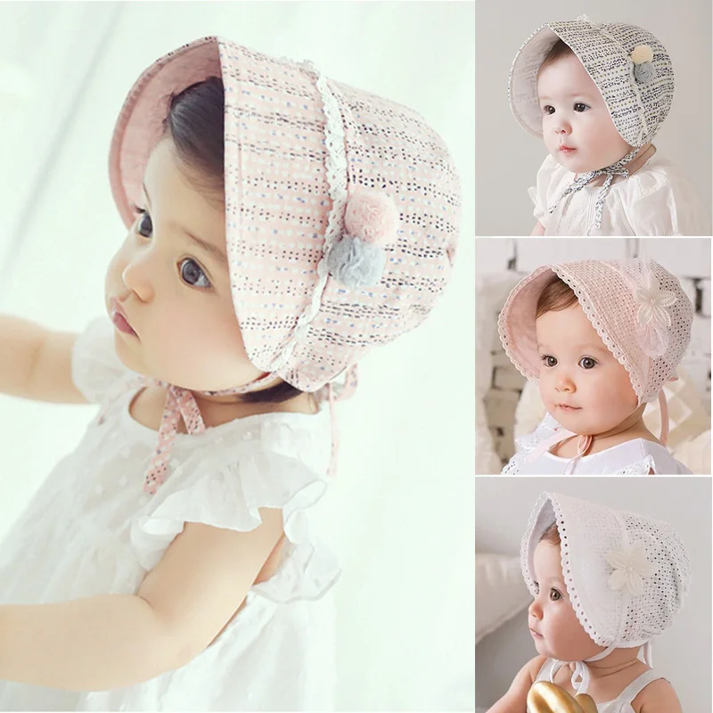 

Cute Flower Baby Hat Bonnet Pompom Vintage Newborn Baby Girl Hat Spring Summer Cotton Infant Toddler Girls Sun Hat Princess Cap